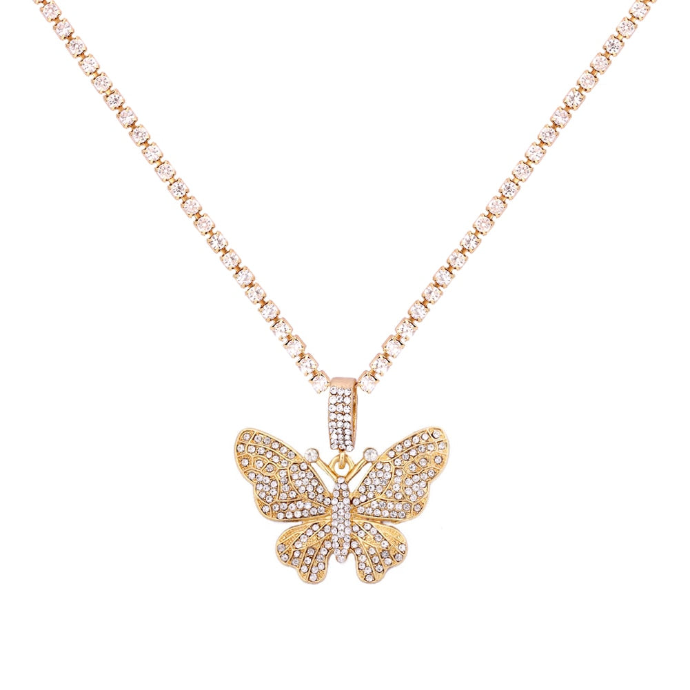 Big Butterfly Pendant Necklace Rhinestone Chain for Women Bling Tennis Chain Crystal Choker Necklace Party Jewelry