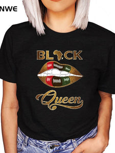 Women Beautiful African Funny Print T shirt Girl Black Queen Lip