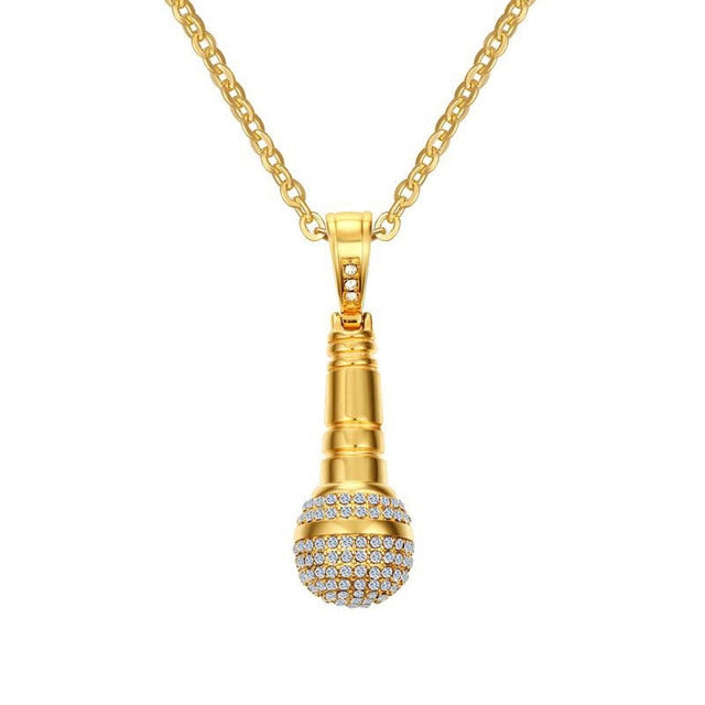 Gold-Silver Stainless Steel CZ Stone Hip Hop Microphone Necklace & Pendant for Men/Women