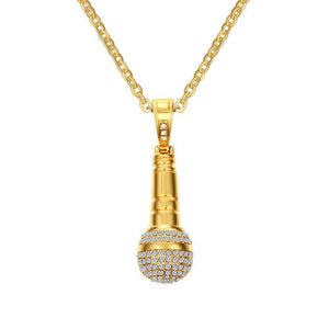 Gold-Silver Stainless Steel CZ Stone Hip Hop Microphone Necklace & Pendant for Men/Women