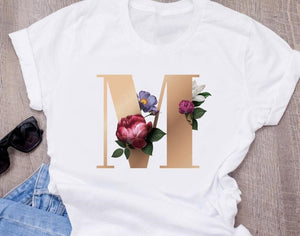 Custom name letter combination women's High quality printing T-shirt Flower letter Font