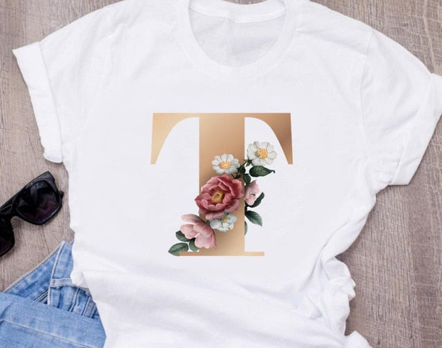 Custom name letter combination women's High quality printing T-shirt Flower letter Font