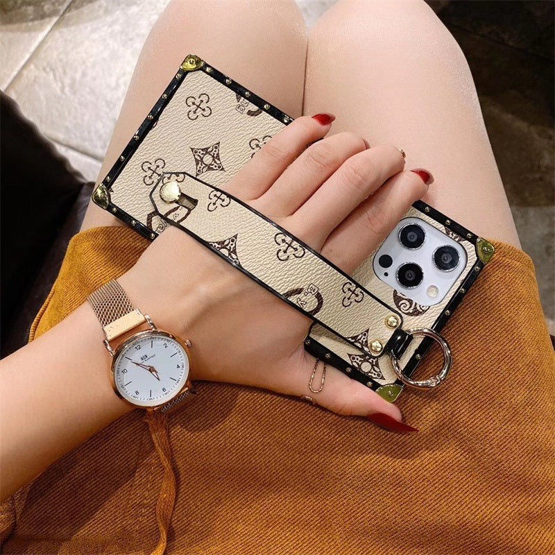 Fashion Square Wrist Strap Holder Phone Case For Samsung S21 S10 S20 Ultra NOTE10 20 A71 A51 Luxury Geometric Leather back cover