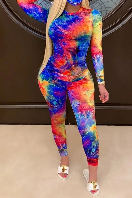 Women Tie Dye Long Sleeve Two Piece Sets Female Casual Sportswear 2 Piece Exercise Outfit Tracksuits Plus Size (without mask)