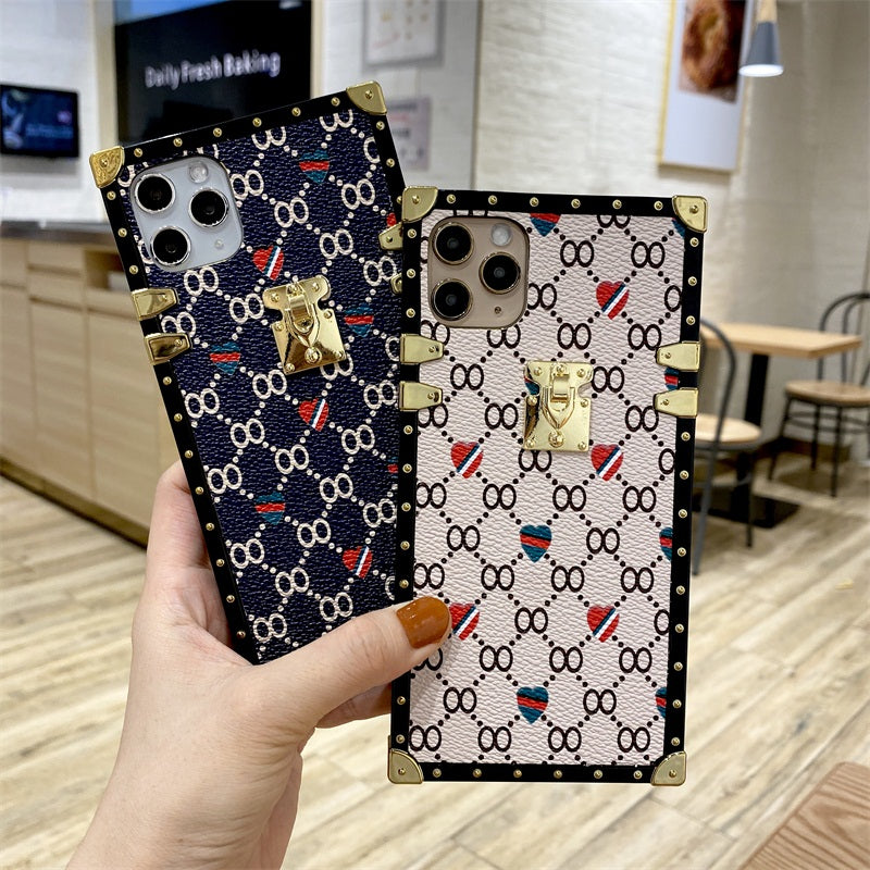 Luxury square love heart Leather phone case For iPhone 13 12 11 Pro Max XR XS Max X 7 8 Plus SE cases For Samsung S10 S20 cover
