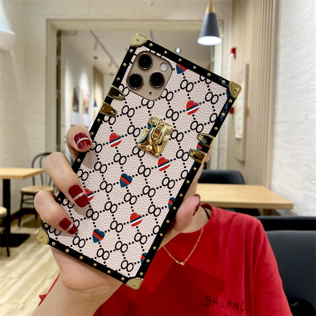 Luxury square love heart Leather phone case For iPhone 13 12 11 Pro Max XR XS Max X 7 8 Plus SE cases For Samsung S10 S20 cover