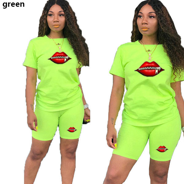 Summer Mouth Print Classic Women Short Sleeve t-shirt Shorts Leggings Two Piece Set Tracksuit