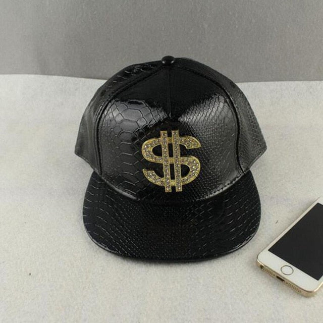 Vogue Dollar Logo Crocodile hip hop rap PU Leather Hats Gold Rhinestone